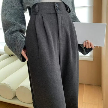 Saashi Women's Autumn Winter High Waist Woolen Wide Leg Straight Full Length Trousers