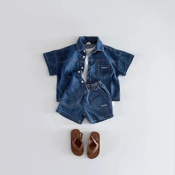 Saashi Baby Boys Denim Shirt & Shorts Set – Cute Korean Style Summer Outfit for Toddlers