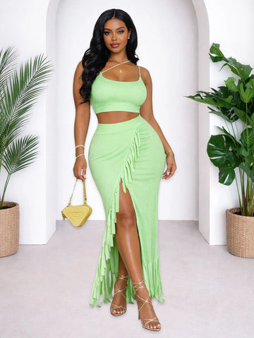 Saashi Cross-Strap Crop Top & Fringe Split Skirt Set