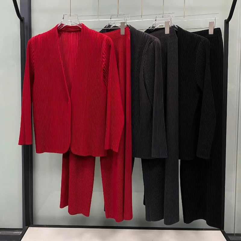 Saashi Labor Day Women’s Pleated Pants Suit Set – Solid Color Casual Commuter Outfit