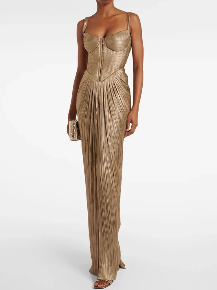 Saashi Women's Sexy V-neck Draped Slim Suspender Elegant High Waist Prom Dress.