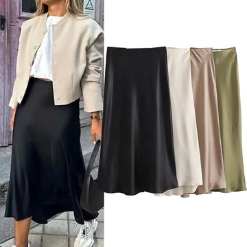 Saashi Women's Black Satin High Waist Elegant Fashion Office Summer Midi Skirt