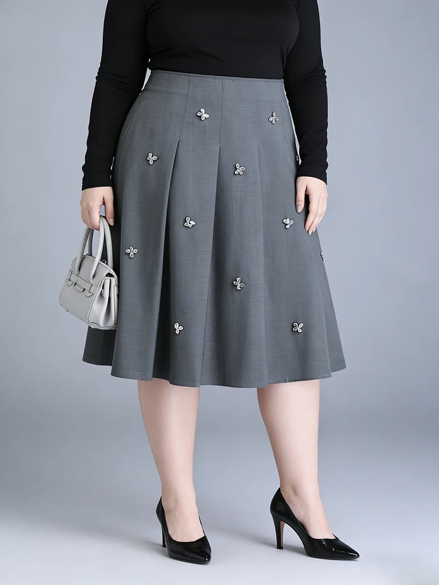 Saashi Women's Plus Size High Waist Button Pleated A-Line Elegant Midi Skirt