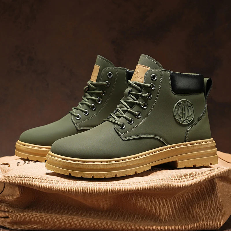 Saashi Retro Casual High Top Boots Men Winter Chunky Motorcycle Ankle Work.
