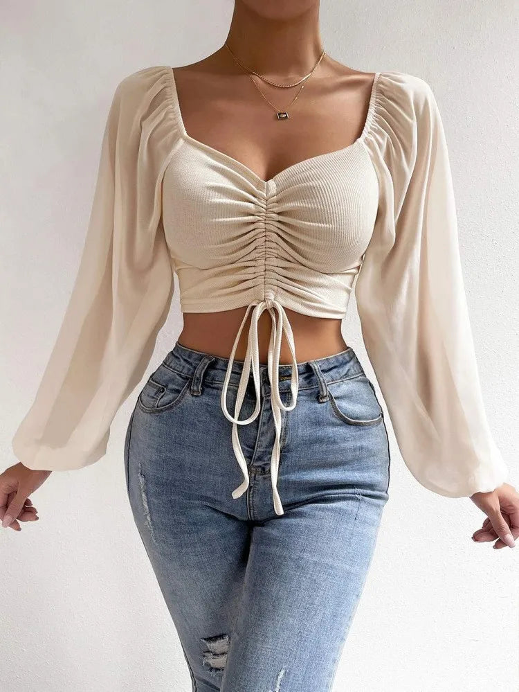 Saashi Drawstring Sheer Sleeve Blouse