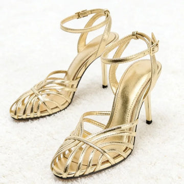 Saashi Women's Sexy Gold Hollow Narrow Band Ankle Strap Thin Heel Sandals.