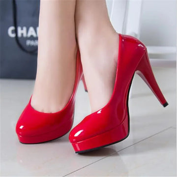 Saashi Women's Classic Patent Leather High Heels Nude Platform Wedding Dress Shoes.