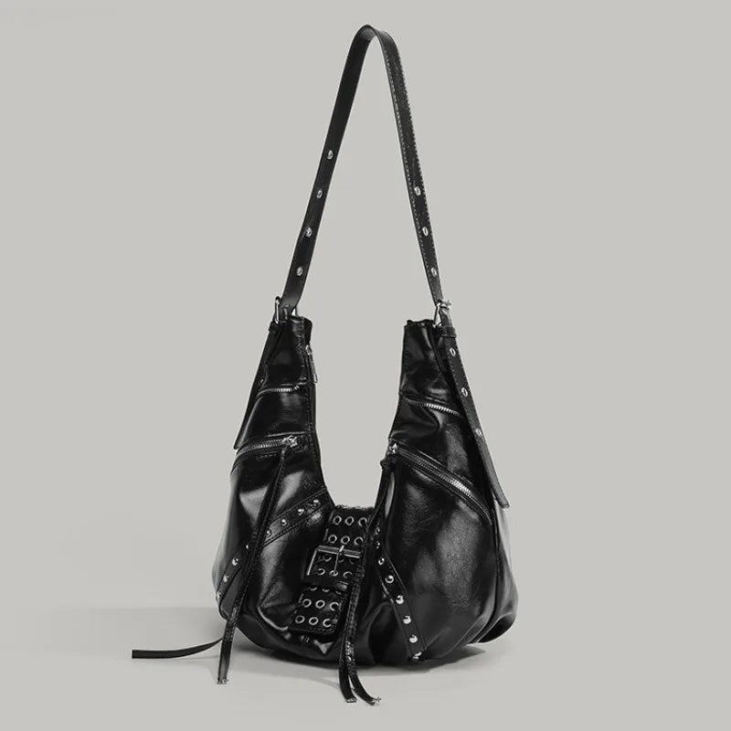 Saashi Women's Moto Biker Half Moon PU Leather Rivet Shoulder Tote Bag.