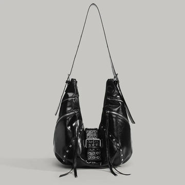 Saashi Women's Moto Biker Half Moon PU Leather Rivet Shoulder Tote Bag.