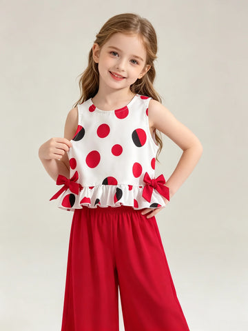 Saashi Girls’ Polka Dot Ruffle Bow Co-Ord Set
