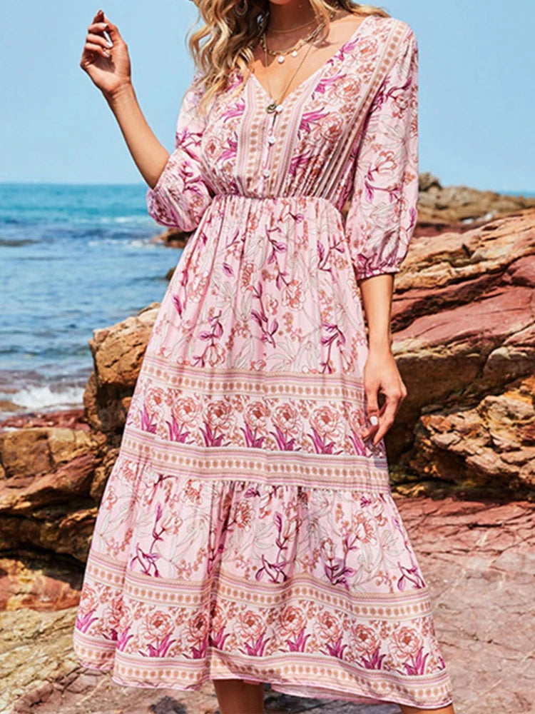 Saashi Boho Long Cotton V-Neck Dress with Half Sleeves, High Waist Beach Style