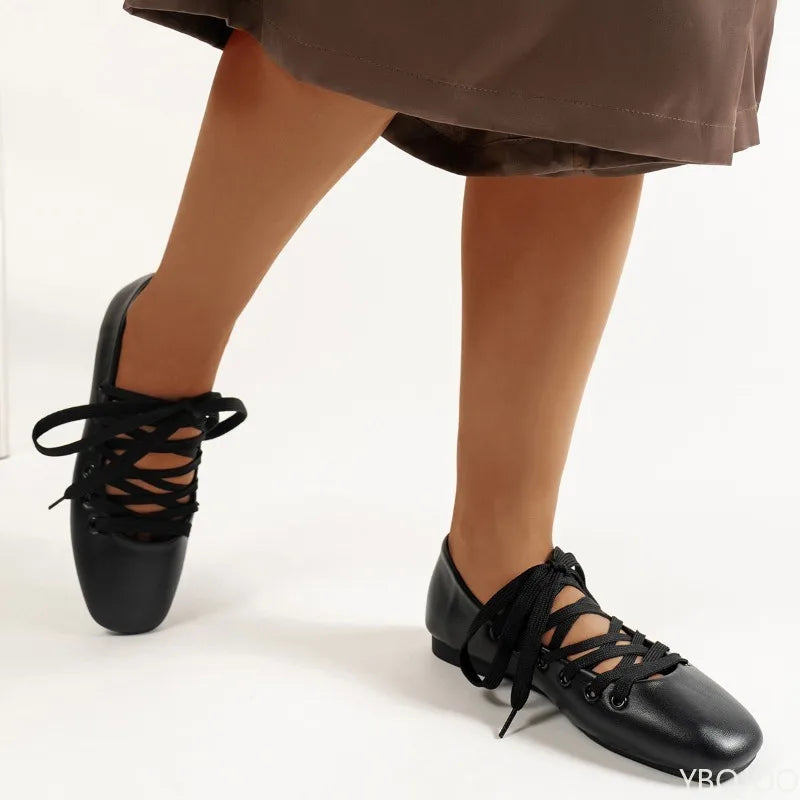 Saashi Women's Spring Summer Retro Cross Strap Square Toe Ballet Designer Flats.