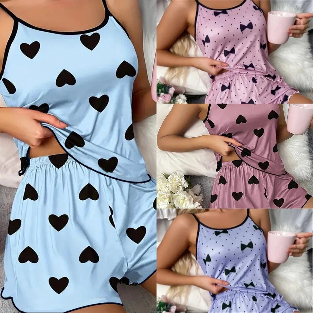 Saashi Ice Silk Heart Print Short Sleeve Pajamas