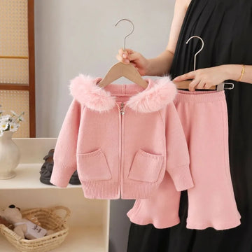 Saashi Girls Faux Fur Hooded Coat & Flared Pants Winter Set