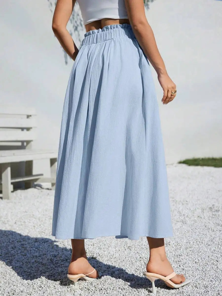 Saashi Women's Light Blue High Waist A-Line Linen Summer Casual Midi Skirt