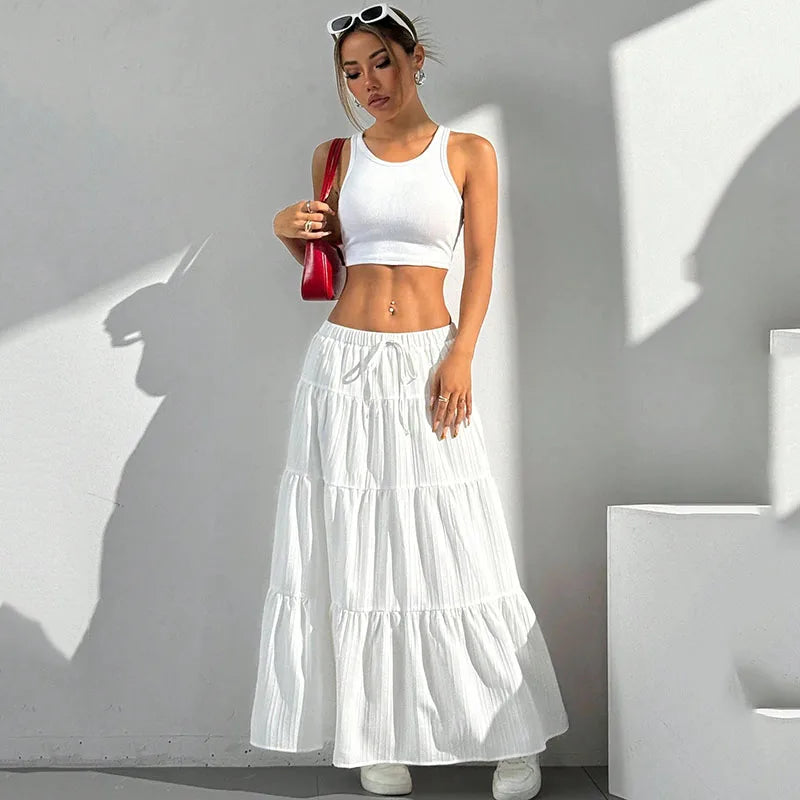 Saashi Women's Summer White Long Lace Up Bow Low-Waisted Spliced Maxi Skirt