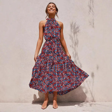 Saashi Women's Halter Neck Floral Print Boho Smocked Waist Maxi Beach Dress