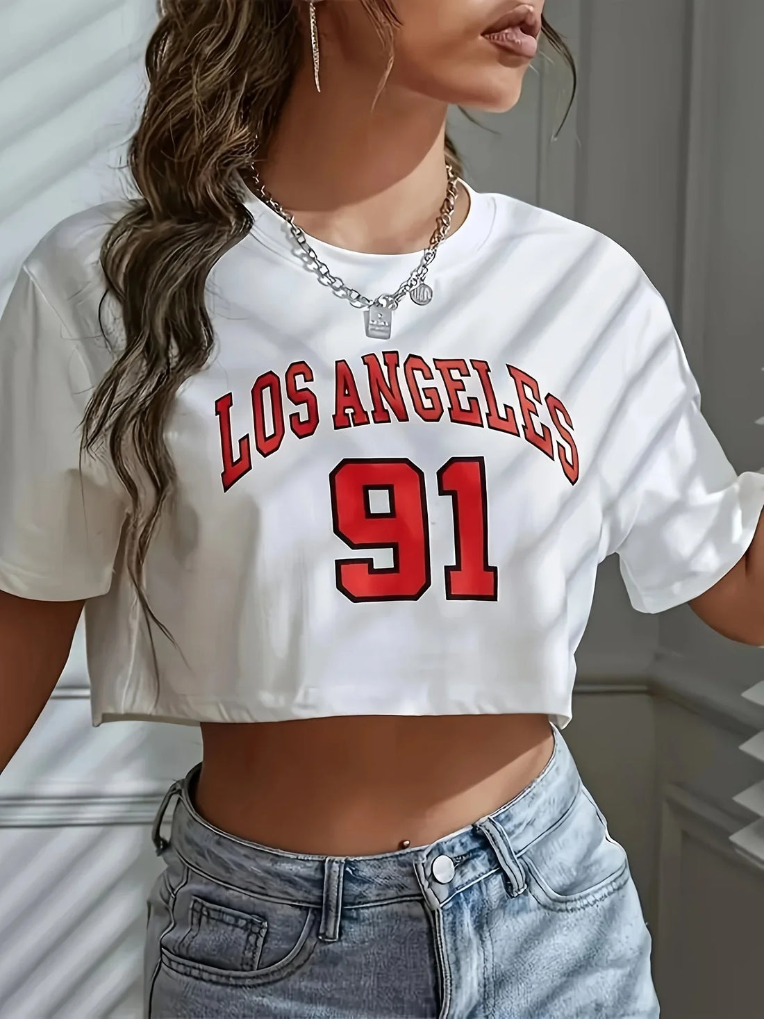 Saashi Los Angeles Brooklyn 91 Graphic Crop T Shirt Round Neck Casual Sports Cropped Top