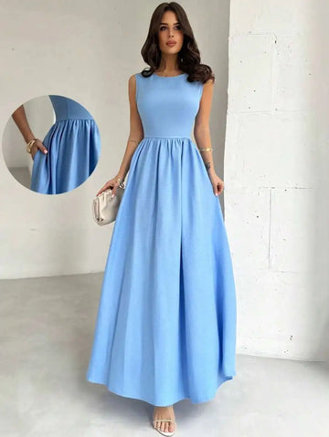 Saashi Women's Light Blue Sleeveless Cinched Waist A-Line Maxi Dress