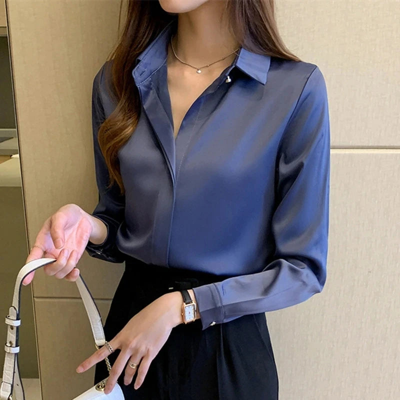 Saashi Women’s Silk Satin Long Sleeve Shirt Basic Fashion Blouse for Office Ladies