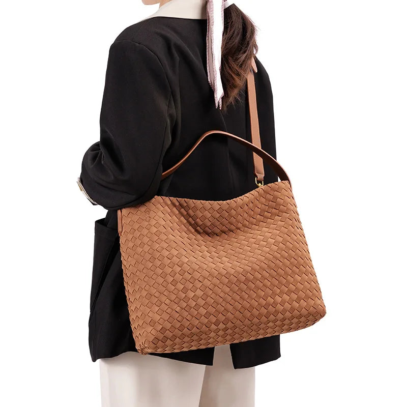Saashi Women's 2025 Large-Capacity Woven Shoulder Commuter Tote Vintage Suede Crossbody Bag.