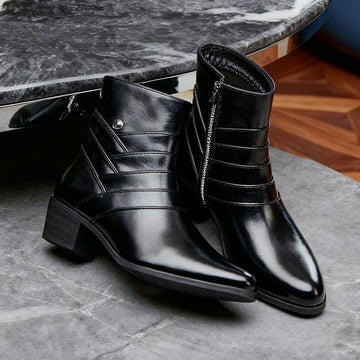 Saashi Luxury Men Leather Chelsea Boots High Top Buckle Strap Formal Black.