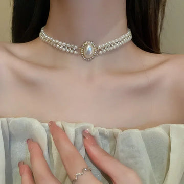 Saashi Pearl Rhinestone Layered Choker