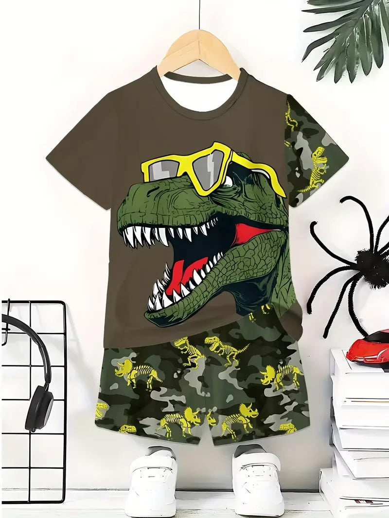 Saashi Boys Dinosaur Graffiti T-Shirt & Shorts Set – Casual Summer Streetwear Outfit for Kids