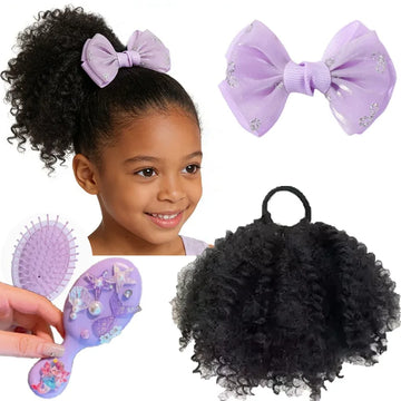 Saashi Kids Afro Kinky Curly Puff Ponytail Extension – Elastic Hairpiece with Bow Clip & Cushion Brush