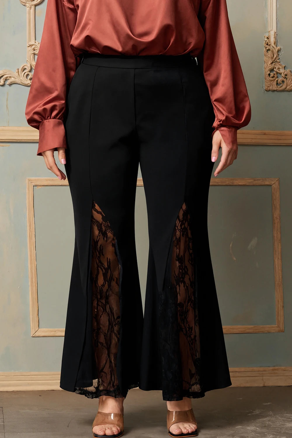 Saashi Women’s Lace Patchwork Flare Pants – Plus Size Tailored Elegant Office Trousers