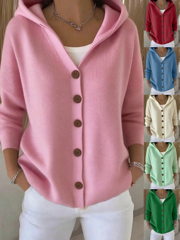 Saashi Women's Hooded Knit Cardigan Solid Color Casual Long Sleeve Sweater Coat.