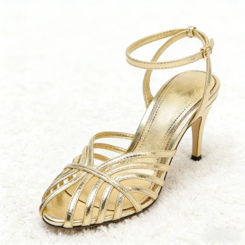 Saashi Women's Sexy Gold Hollow Narrow Band Ankle Strap Thin Heel Sandals.