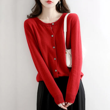 Saashi Women's Spring Autumn Round Neck Knitted Cardigan Loose Versatile Woolen Sweater.