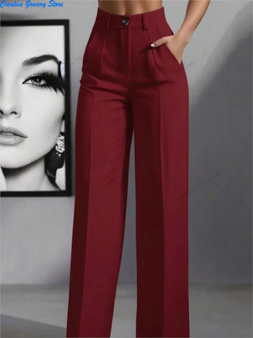 Saashi Women's Solid Color High Waist Pleated Loose Straight Office Tailored Pants.