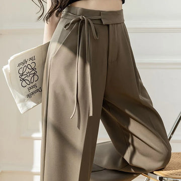 Saashi Women's Spring Lace Up Straight Leg High Waisted Solid Suit Pants
