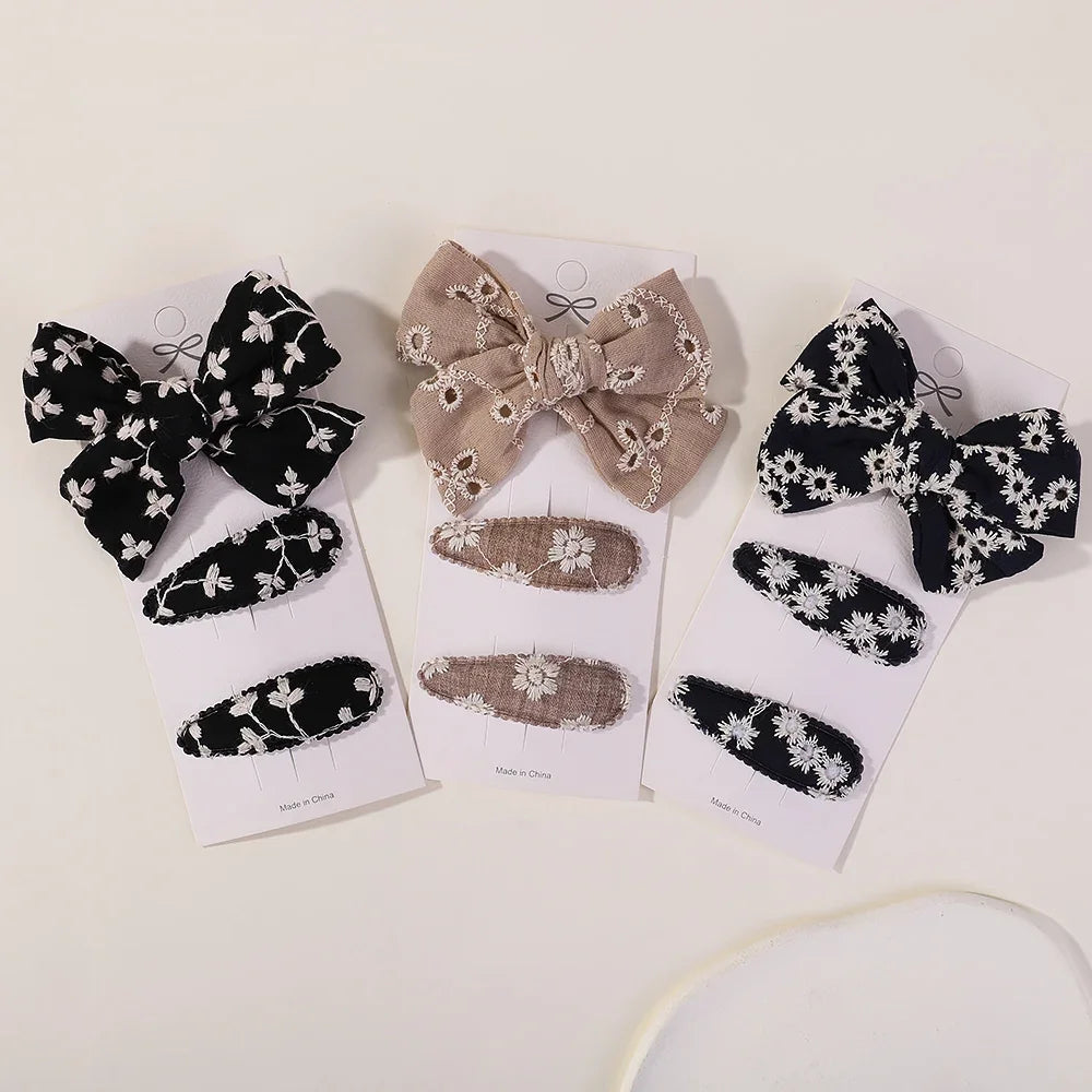 Saashi Girls Embroidered Bow Flower Hair Clips – Sweet Cotton Hair Accessories for Kids, 10-Piece Set