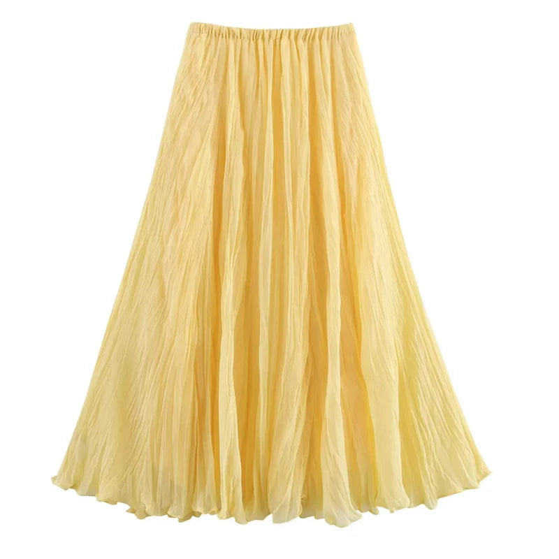 Saashi Women's HXAO Pleated Long Fairy Tulle Midi High Waist Ruffled Yellow Skirt