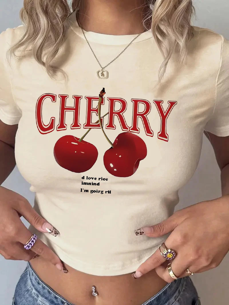 Saashi Y2K Cherry Print Crew Neck T Shirt Short Sleeve Tight Fit Crop Top for Women