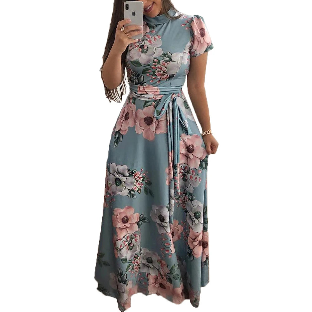 Saashi Women's Floral Print Boho A-Line Short Sleeve High Waist Maxi Dress
