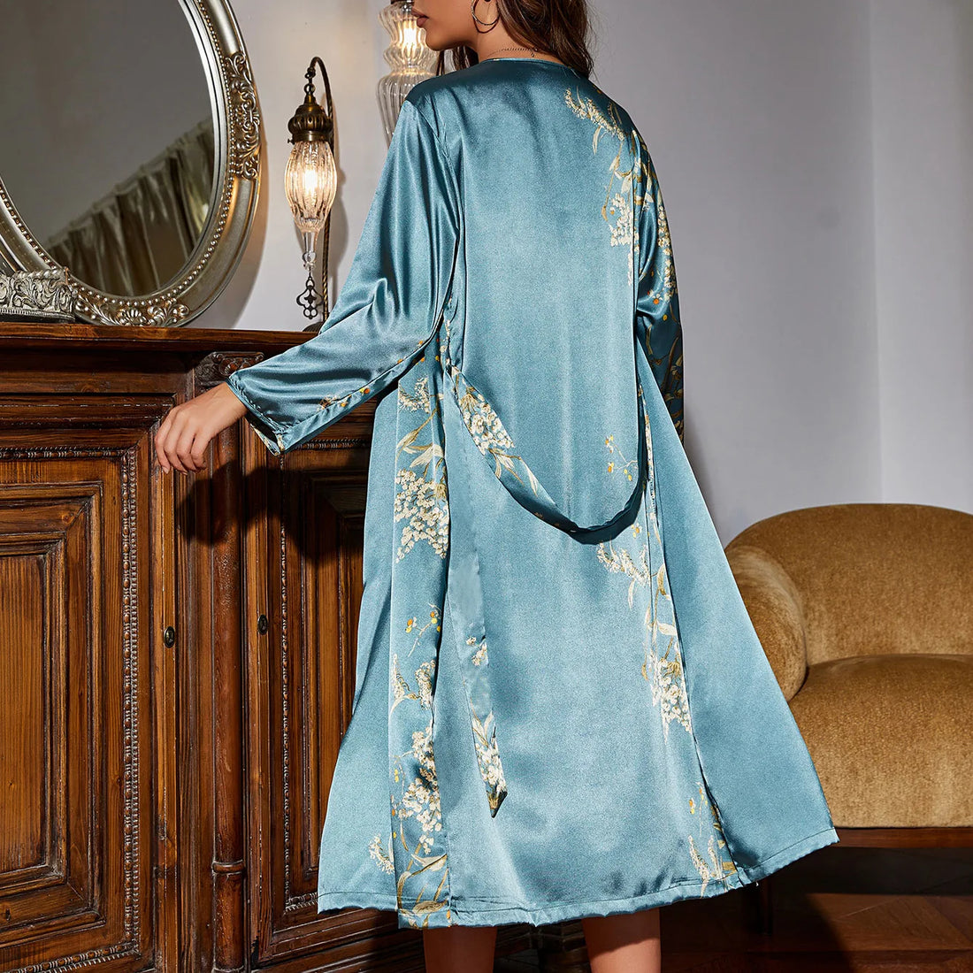 Saashi Women's Four Seasons Lace Up Pajama Dresses Two Piece Thin Outerwear Set.