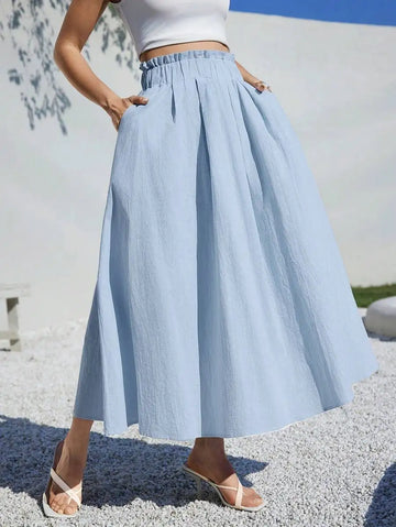 Saashi Women's Light Blue High Waist A-Line Linen Summer Casual Midi Skirt