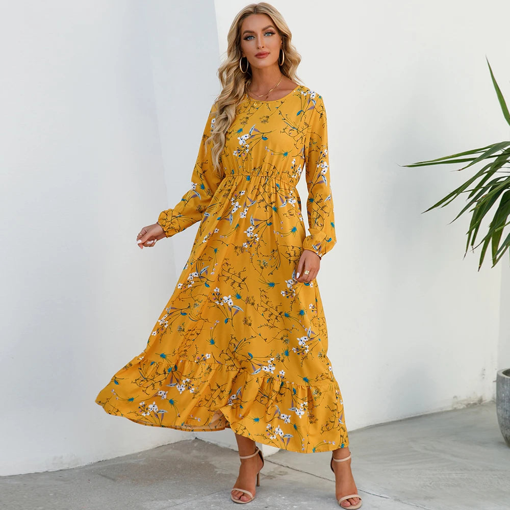 Saashi Women's Bohemian Full Sleeve High Waist Chiffon Floral Maxi Beach Dress