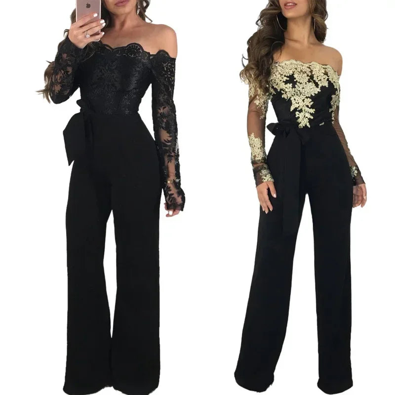 Saashi Lace Patchwork Jumpsuit - Women's Off-Shoulder, Wide Leg