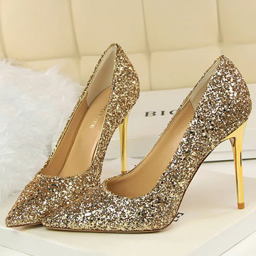 Saashi Women's High Heels Wedding Bridal Sparkly Sequins Glitter Gold Silver Pumps.