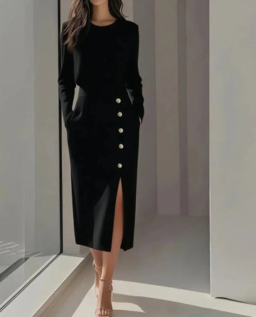 Saashi Button Detail Long Sleeve Midi Dress