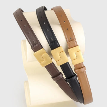 Saashi Women's Korean Style Genuine Leather Dress Corset Gold Buckle Narrow Belt.
