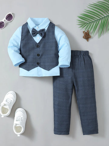 Saashi Boys Little Gentleman Shirt & Beret Set – Striped Winter Outfit with Bow for Kids