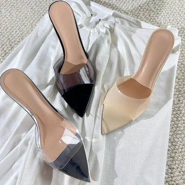 Saashi Transparent High Heeled Slippers for Women Fashion Slim Heeled Pointed Open Toe Flip Flops