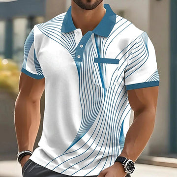 Saashi Men's Summer Fashion Short Sleeve Stripe 3D Print Lapel Polo Shirt.