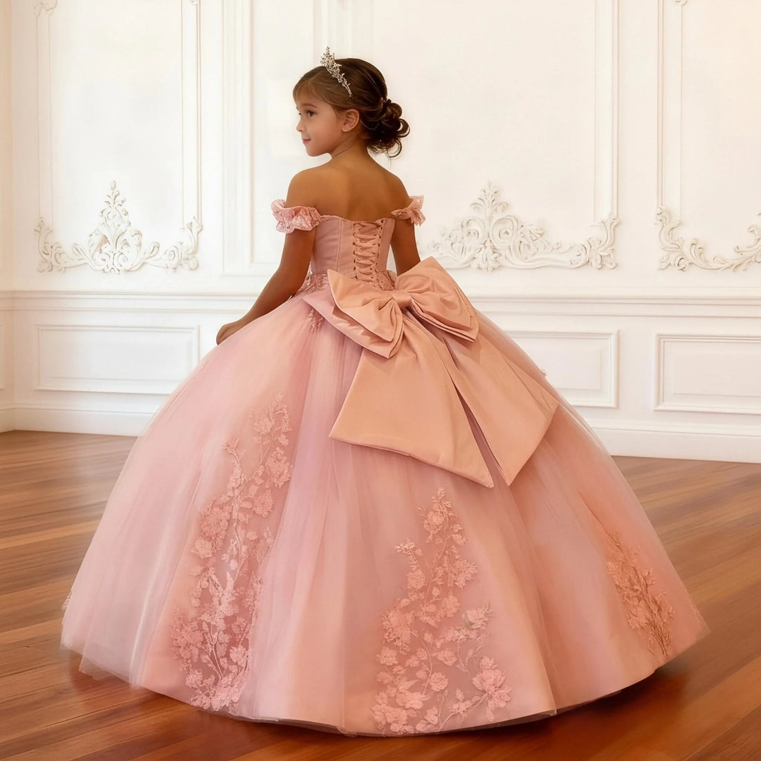 Saashi Girls Elegant Floral Applique Bow Princess Dress